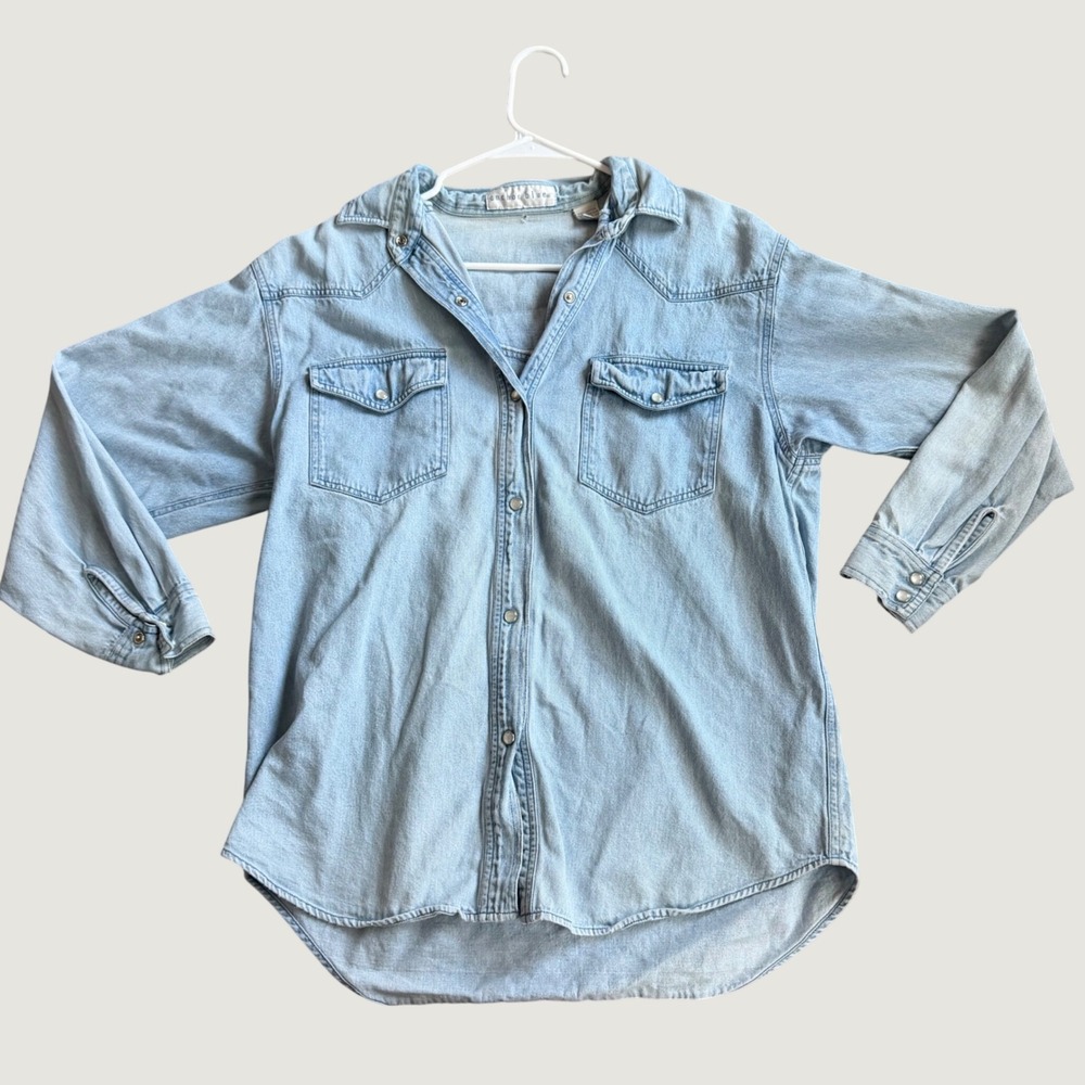 Anchor Blue Denim Western Shirt M Light Wash Snap Button Cotton 90s Vintage